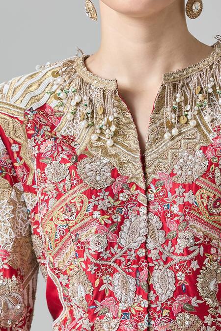 Shop Anamika Khanna Red Silk, Cotton Zari, Sequins, Beads, Zardozi Peplum Top And Flared Pant Set Online at Aza Fashions Shop_Anamika Khanna_Red Silk, Cotton Zari, Sequins, Beads, Zardozi Peplum Top And Flared Pant Set_Online_at_Aza_Fashions