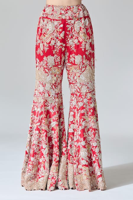 Anamika Khanna Red Silk, Cotton Zari, Sequins, Beads, Zardozi Peplum Top And Flared Pant Set at Aza Fashions Anamika Khanna_Red Silk, Cotton Zari, Sequins, Beads, Zardozi Peplum Top And Flared Pant Set_at_Aza_Fashions