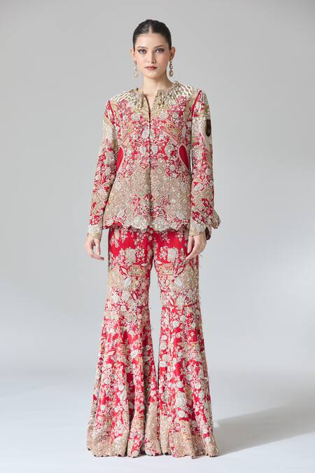 Buy Anamika Khanna Red Silk, Cotton Zari, Sequins, Beads, Zardozi Peplum Top And Flared Pant Set Buy_Anamika Khanna_Red Silk, Cotton Zari, Sequins, Beads, Zardozi Peplum Top And Flared Pant Set