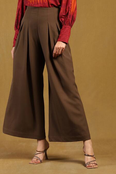 Ritu Kumar_Brown Viscose, Spandex Sand Flared Pant_Online_at_Aza_Fashions