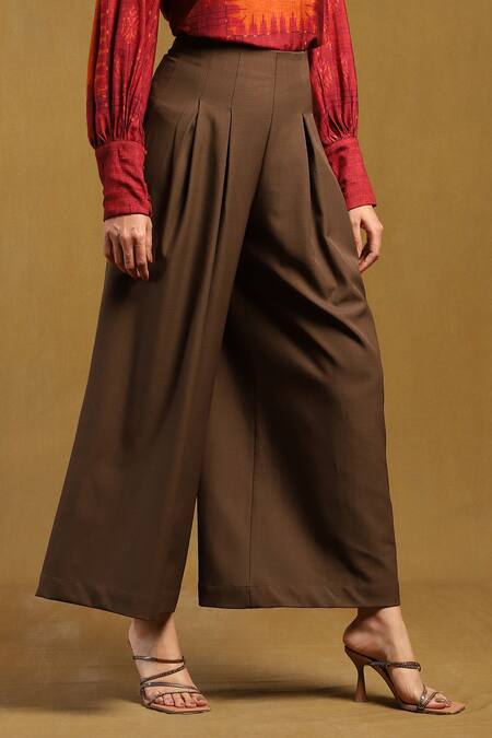Buy_Ritu Kumar_Brown Viscose, Spandex Sand Flared Pant_Online_at_Aza_Fashions