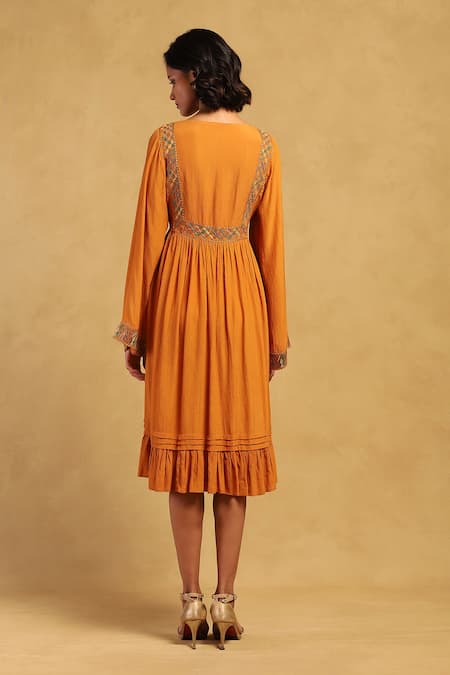 Shop_Ritu Kumar_Yellow Viscose, Crepe Embroidery Open Neck Peru Abstract Dress _at_Aza_Fashions