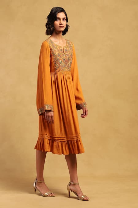 Buy_Ritu Kumar_Yellow Viscose, Crepe Embroidery Open Neck Peru Abstract Dress _Online_at_Aza_Fashions