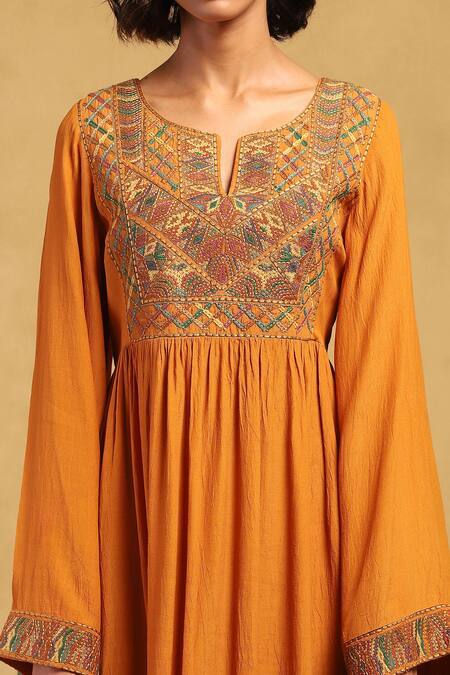 Shop_Ritu Kumar_Yellow Viscose, Crepe Embroidery Open Neck Peru Abstract Dress _Online_at_Aza_Fashions