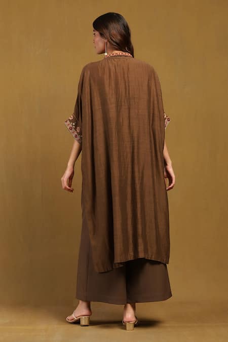 Shop Ritu Kumar Brown Cotton Silk Placement Embroidery Abstract Kyesha Contrast Placket Shrug at Aza Fashions Shop_Ritu Kumar_Brown Cotton Silk Placement Embroidery Abstract Kyesha Contrast Placket Shrug _at_Aza_Fashions