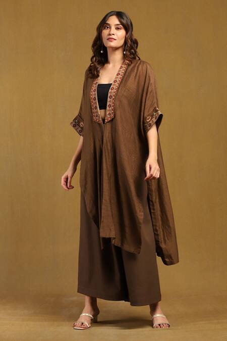 Ritu Kumar Brown Cotton Silk Placement Embroidery Abstract Kyesha Contrast Placket Shrug Online at Aza Fashions Ritu Kumar_Brown Cotton Silk Placement Embroidery Abstract Kyesha Contrast Placket Shrug _Online_at_Aza_Fashions