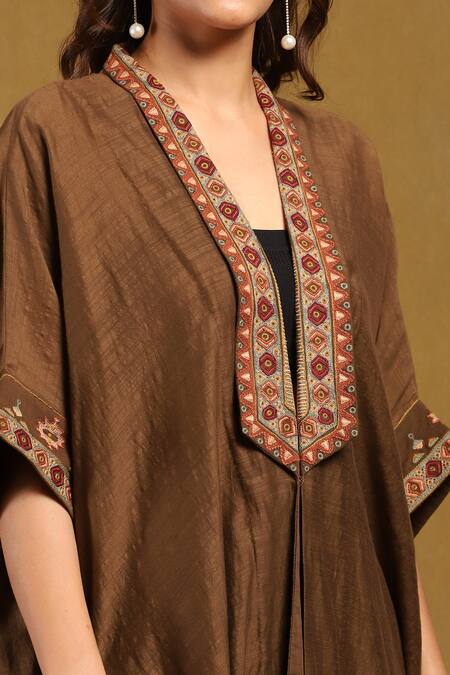 Shop Ritu Kumar Brown Cotton Silk Placement Embroidery Abstract Kyesha Contrast Placket Shrug Online at Aza Fashions Shop_Ritu Kumar_Brown Cotton Silk Placement Embroidery Abstract Kyesha Contrast Placket Shrug _Online_at_Aza_Fashions
