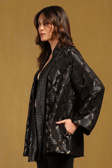 Shop_Ritu Kumar_Black Viscose Lurex Brocade Geometric Front Open Pattern Shrug _Online_at_Aza_Fashions