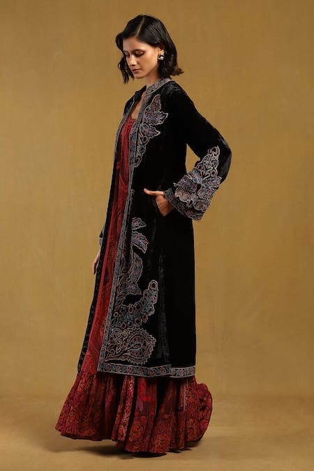 Ritu Kumar Black Silk Velvet Embroidery Floral Mandarin Collar Patch Work Shrug Online at Aza Fashions Ritu Kumar_Black Silk Velvet Embroidery Floral Mandarin Collar Patch Work Shrug _Online_at_Aza_Fashions