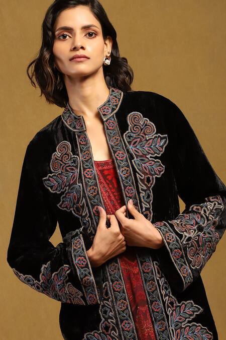 Shop Ritu Kumar Black Silk Velvet Embroidery Floral Mandarin Collar Patch Work Shrug Online at Aza Fashions Shop_Ritu Kumar_Black Silk Velvet Embroidery Floral Mandarin Collar Patch Work Shrug _Online_at_Aza_Fashions