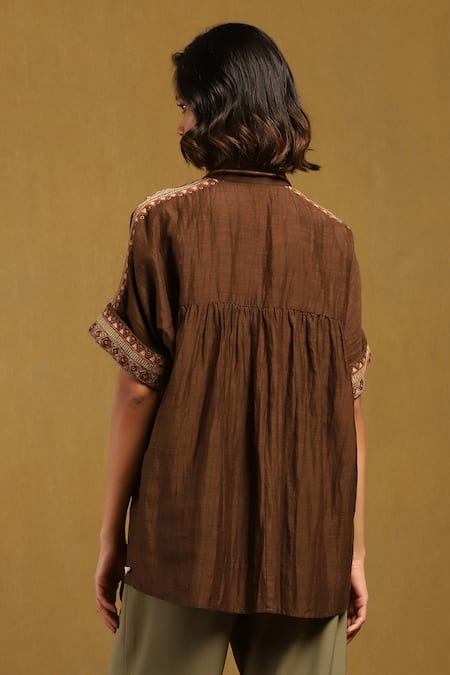 Shop Ritu Kumar Brown Cotton, Silk Embroidery Collared Shirt at Aza Fashions Shop_Ritu Kumar_Brown Cotton, Silk Embroidery Collared Shirt_at_Aza_Fashions