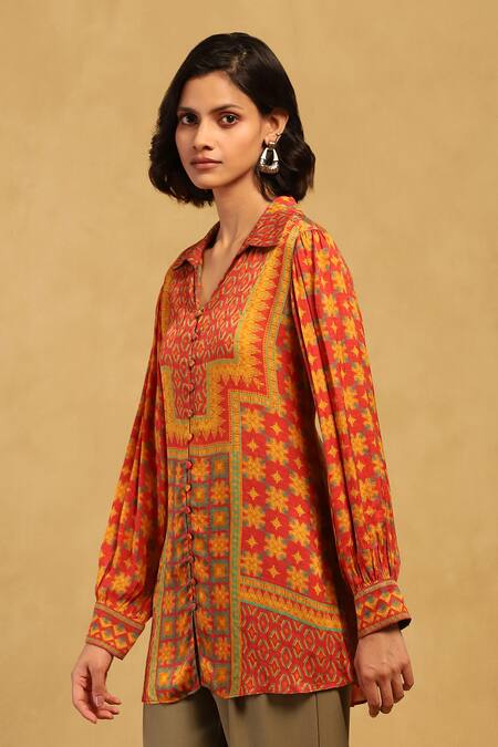 Ritu Kumar_Red Cotton, Voile Embroidery Collared Phulkari Floral Print Shirt_Online_at_Aza_Fashions