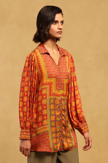 Buy_Ritu Kumar_Red Cotton, Voile Embroidery Collared Phulkari Floral Print Shirt_Online_at_Aza_Fashions
