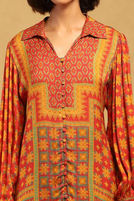 Shop_Ritu Kumar_Red Cotton, Voile Embroidery Collared Phulkari Floral Print Shirt_Online_at_Aza_Fashions