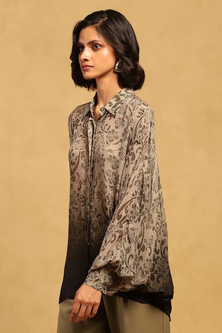 Ritu Kumar_Grey Viscose, Chiffon Embroidery Collared Jalaj Floral Pattern Shirt_Online_at_Aza_Fashions