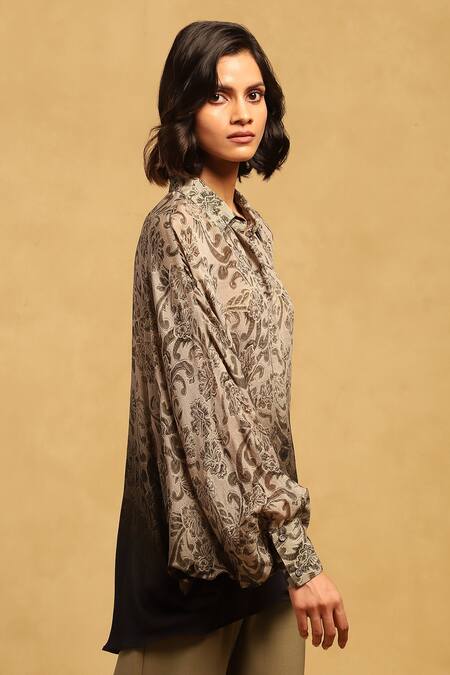 Buy_Ritu Kumar_Grey Viscose, Chiffon Embroidery Collared Jalaj Floral Pattern Shirt_Online_at_Aza_Fashions