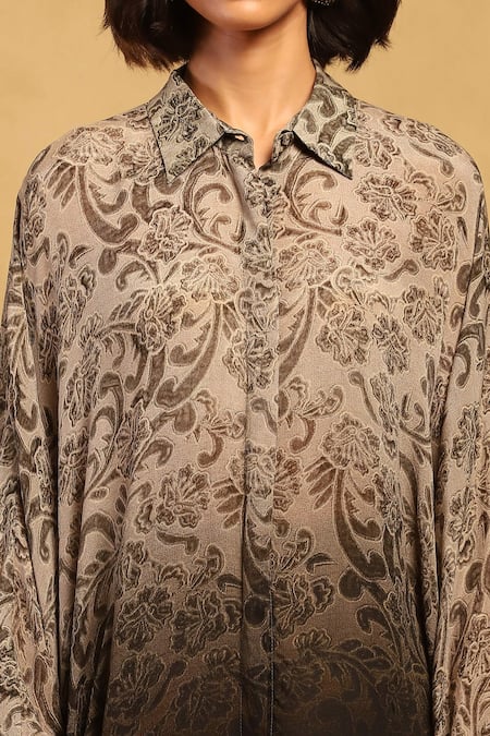 Shop_Ritu Kumar_Grey Viscose, Chiffon Embroidery Collared Jalaj Floral Pattern Shirt_Online_at_Aza_Fashions