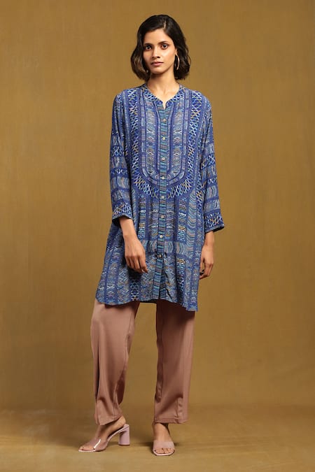 Ritu Kumar Blue Viscose Crepe Self Design Peru Geometric Band Collar Pattern Shirt 