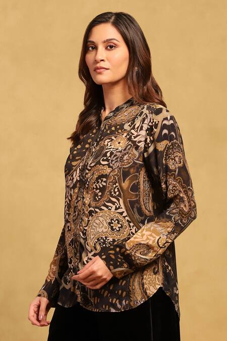 Ritu Kumar_Black Viscose Crepe Print Paisley Band Collar Dewey Shirt_Online_at_Aza_Fashions
