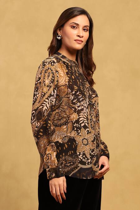 Buy_Ritu Kumar_Black Viscose Crepe Print Paisley Band Collar Dewey Shirt_Online_at_Aza_Fashions
