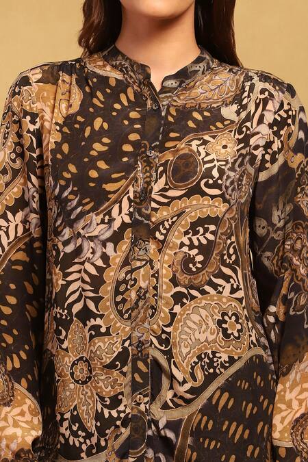 Shop_Ritu Kumar_Black Viscose Crepe Print Paisley Band Collar Dewey Shirt_Online_at_Aza_Fashions