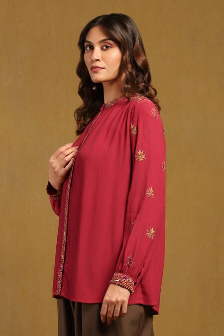 Ritu Kumar_Red Viscose Embroidery Bandeau Neck Sophie Butti Top_Online_at_Aza_Fashions