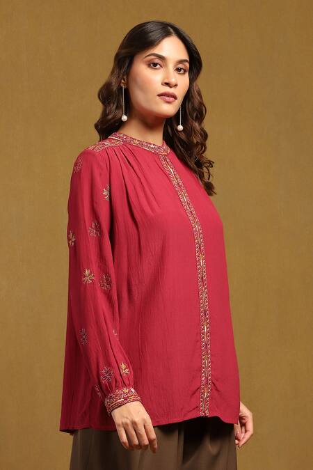 Buy_Ritu Kumar_Red Viscose Embroidery Bandeau Neck Sophie Butti Top_Online_at_Aza_Fashions