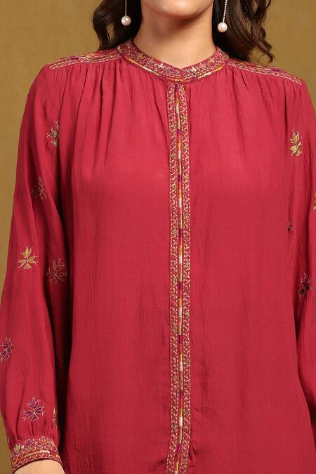 Shop_Ritu Kumar_Red Viscose Embroidery Bandeau Neck Sophie Butti Top_Online_at_Aza_Fashions