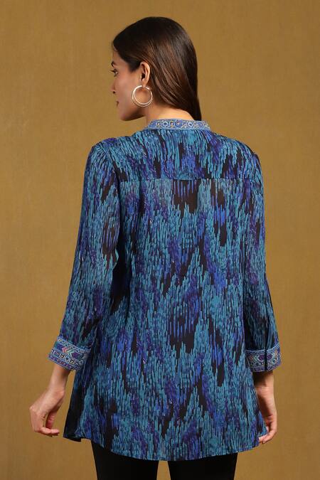 Shop_Ritu Kumar_Blue Viscose Chiffon Print Niagara Band Collar Shirt _at_Aza_Fashions