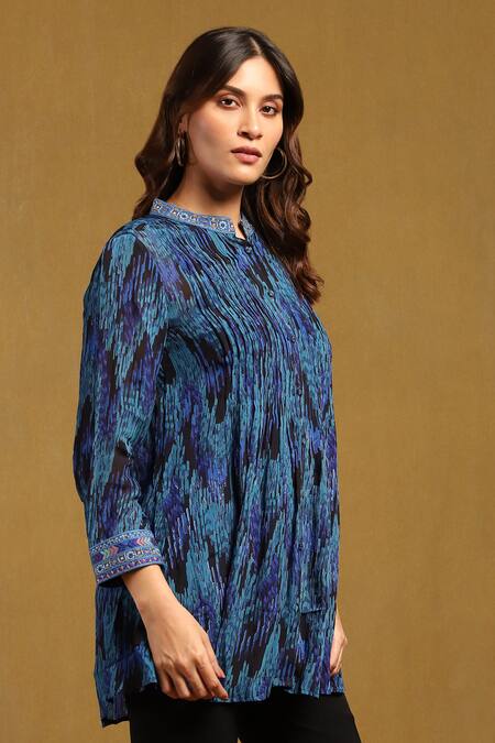 Buy_Ritu Kumar_Blue Viscose Chiffon Print Niagara Band Collar Shirt _Online_at_Aza_Fashions