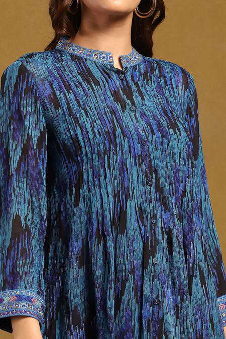 Shop_Ritu Kumar_Blue Viscose Chiffon Print Niagara Band Collar Shirt _Online_at_Aza_Fashions