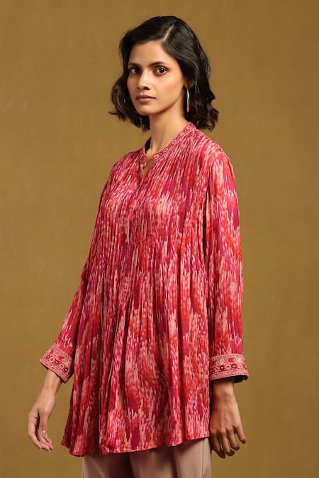 Ritu Kumar Pink Viscose Chiffon Print Niagara Band Collar Long Shirt Online at Aza Fashions Ritu Kumar_Pink Viscose Chiffon Print Niagara Band Collar Long Shirt _Online_at_Aza_Fashions