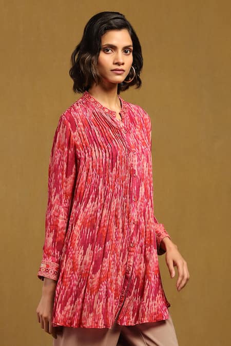 Buy Ritu Kumar Pink Viscose Chiffon Print Niagara Band Collar Long Shirt Online at Aza Fashions Buy_Ritu Kumar_Pink Viscose Chiffon Print Niagara Band Collar Long Shirt _Online_at_Aza_Fashions