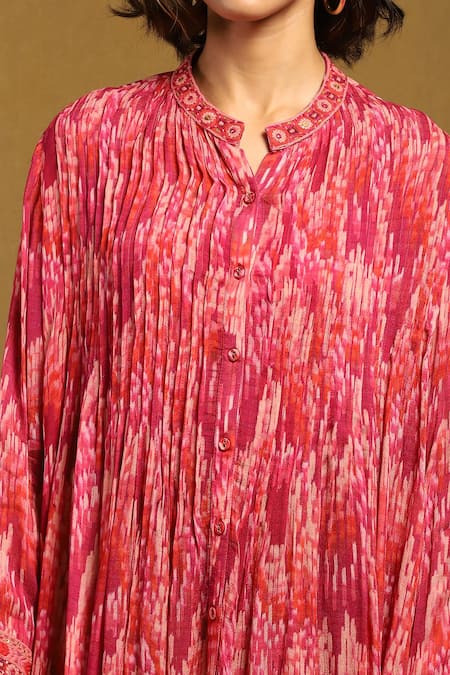 Shop Ritu Kumar Pink Viscose Chiffon Print Niagara Band Collar Long Shirt Online at Aza Fashions Shop_Ritu Kumar_Pink Viscose Chiffon Print Niagara Band Collar Long Shirt _Online_at_Aza_Fashions