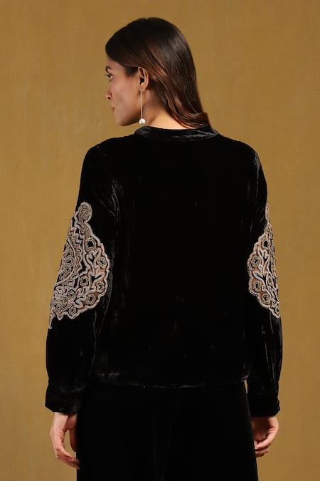Shop Ritu Kumar Black Silk Velvet Embroidery Phoenix Floral Mandarin Collar Top at Aza Fashions Shop_Ritu Kumar_Black Silk Velvet Embroidery Phoenix Floral Mandarin Collar Top _at_Aza_Fashions