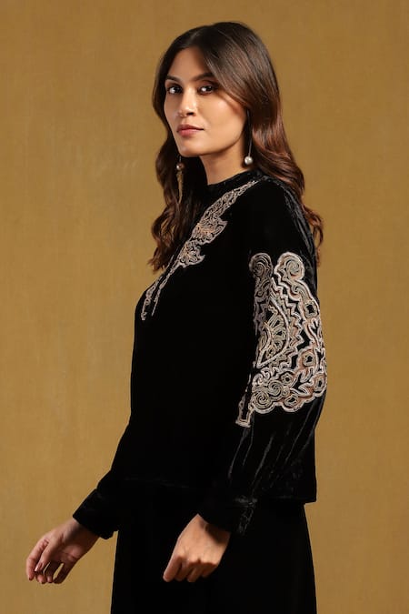 Ritu Kumar Black Silk Velvet Embroidery Phoenix Floral Mandarin Collar Top Online at Aza Fashions Ritu Kumar_Black Silk Velvet Embroidery Phoenix Floral Mandarin Collar Top _Online_at_Aza_Fashions