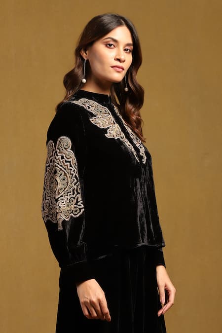 Buy Ritu Kumar Black Silk Velvet Embroidery Phoenix Floral Mandarin Collar Top Online at Aza Fashions Buy_Ritu Kumar_Black Silk Velvet Embroidery Phoenix Floral Mandarin Collar Top _Online_at_Aza_Fashions