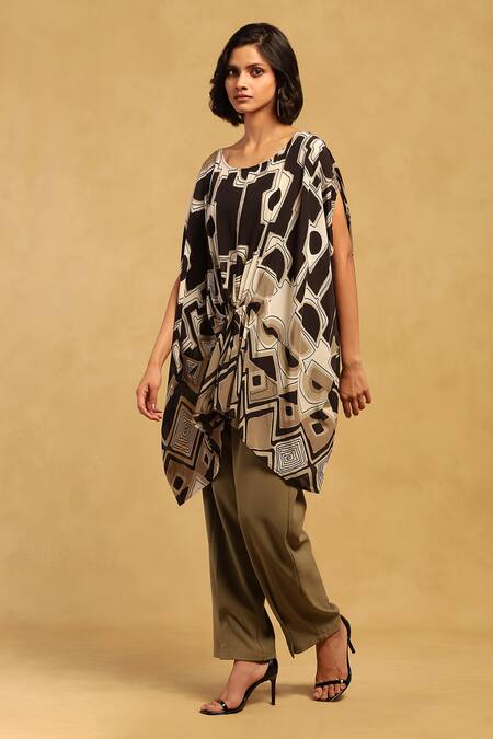 Ritu Kumar_Black Viscose, Crepe Scoop Neck Meraki Print Asymmetric Top_Online_at_Aza_Fashions