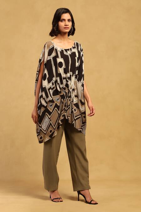 Buy_Ritu Kumar_Black Viscose, Crepe Scoop Neck Meraki Print Asymmetric Top_Online_at_Aza_Fashions