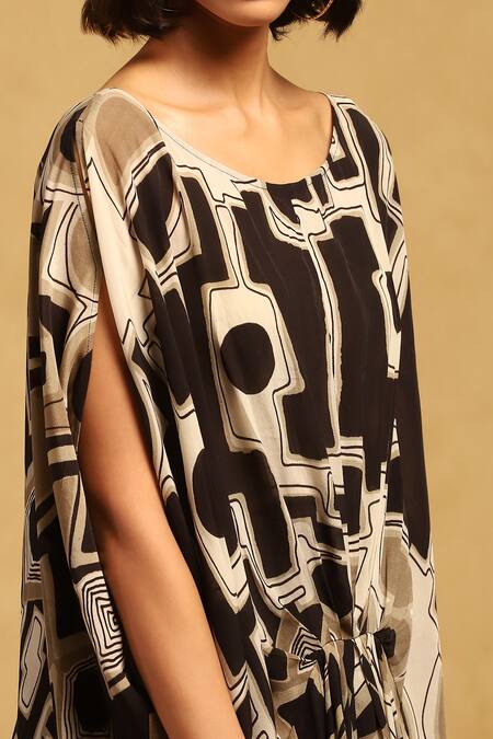 Shop_Ritu Kumar_Black Viscose, Crepe Scoop Neck Meraki Print Asymmetric Top_Online_at_Aza_Fashions