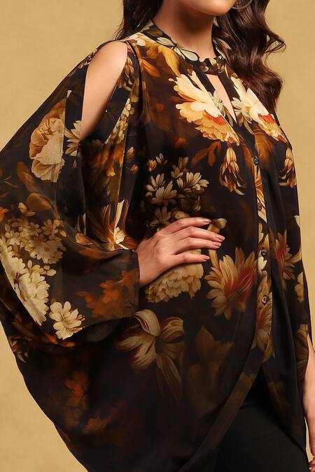 Shop_Ritu Kumar_Black Viscose Embroidery Bandeau Neck Genevieve Print Top_Online_at_Aza_Fashions