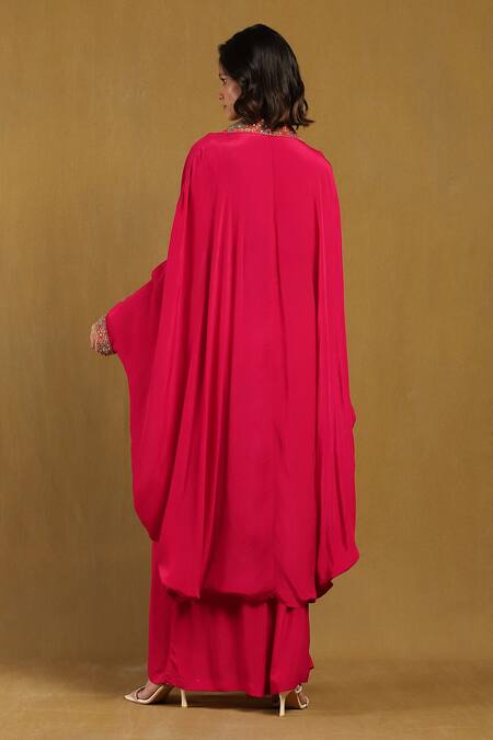 Shop Ritu Kumar Pink Viscose Embroidery, Sequins, Mirrors Prishan Bloom Cape And Flared Pant Set at Aza Fashions Shop_Ritu Kumar_Pink Viscose Embroidery, Sequins, Mirrors Prishan Bloom Cape And Flared Pant Set _at_Aza_Fashions