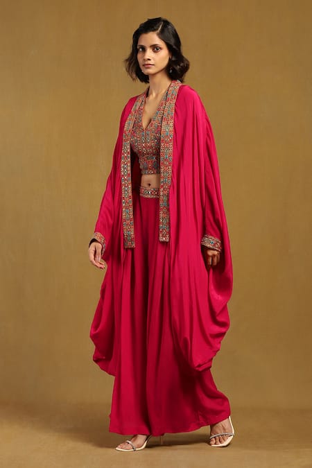 Buy Ritu Kumar Pink Viscose Embroidery, Sequins, Mirrors Prishan Bloom Cape And Flared Pant Set Online at Aza Fashions Buy_Ritu Kumar_Pink Viscose Embroidery, Sequins, Mirrors Prishan Bloom Cape And Flared Pant Set _Online_at_Aza_Fashions