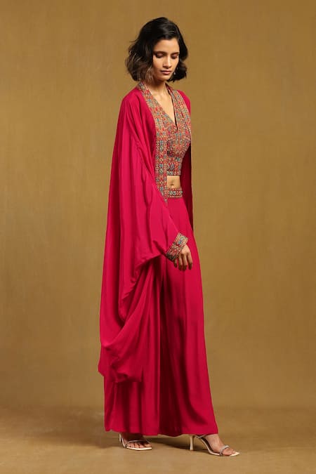 Shop Ritu Kumar Pink Viscose Embroidery, Sequins, Mirrors Prishan Bloom Cape And Flared Pant Set Online at Aza Fashions Shop_Ritu Kumar_Pink Viscose Embroidery, Sequins, Mirrors Prishan Bloom Cape And Flared Pant Set _Online_at_Aza_Fashions