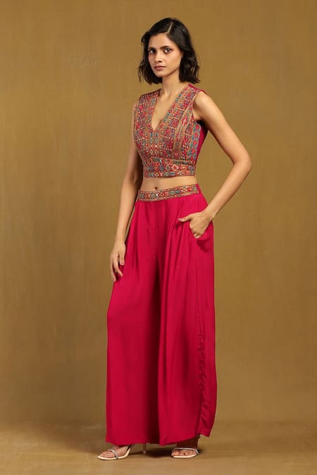 Ritu Kumar Pink Viscose Embroidery, Sequins, Mirrors Prishan Bloom Cape And Flared Pant Set at Aza Fashions Ritu Kumar_Pink Viscose Embroidery, Sequins, Mirrors Prishan Bloom Cape And Flared Pant Set _at_Aza_Fashions