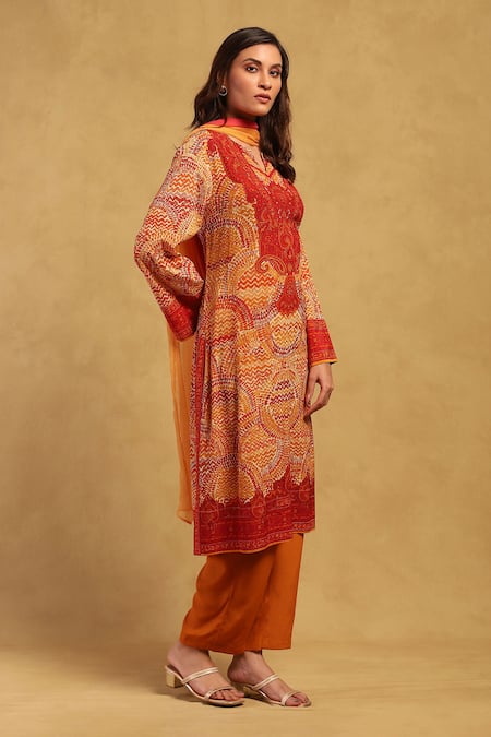 Buy_Ritu Kumar_Beige Viscose Round Neck Aboriginal Paisley Print Kurta Pant Set _Online_at_Aza_Fashions