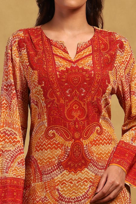 Shop_Ritu Kumar_Beige Viscose Round Neck Aboriginal Paisley Print Kurta Pant Set _Online_at_Aza_Fashions
