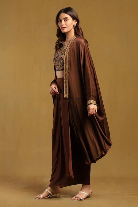 Ritu Kumar_Brown Satin Sequins Round Neck Yale Border Embroidered Cape And Draped Skirt Set _Online_at_Aza_Fashions