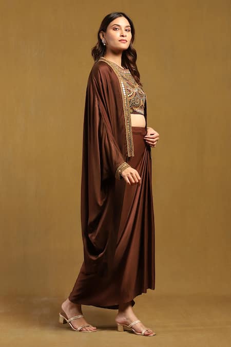 Buy_Ritu Kumar_Brown Satin Sequins Round Neck Yale Border Embroidered Cape And Draped Skirt Set _Online_at_Aza_Fashions