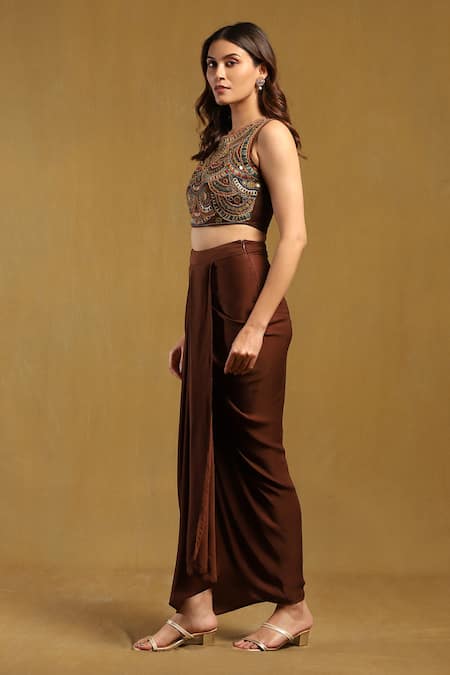 Shop_Ritu Kumar_Brown Satin Sequins Round Neck Yale Border Embroidered Cape And Draped Skirt Set _Online_at_Aza_Fashions
